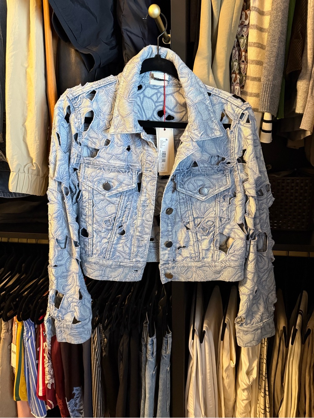 Alice + Olivia Light Blue Distressed Cropped Jean Jacket